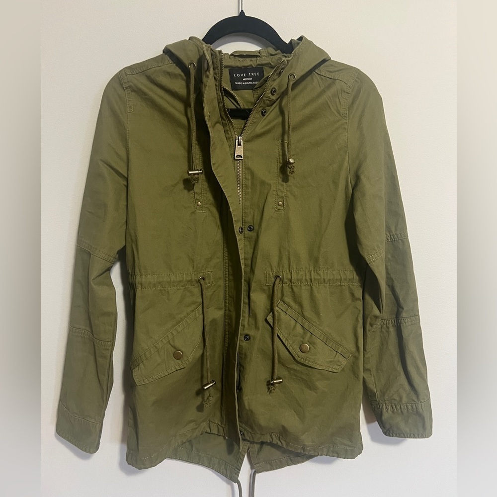 Love tree army green full zip/snap hooded adjustable waist jacket coat women’s M